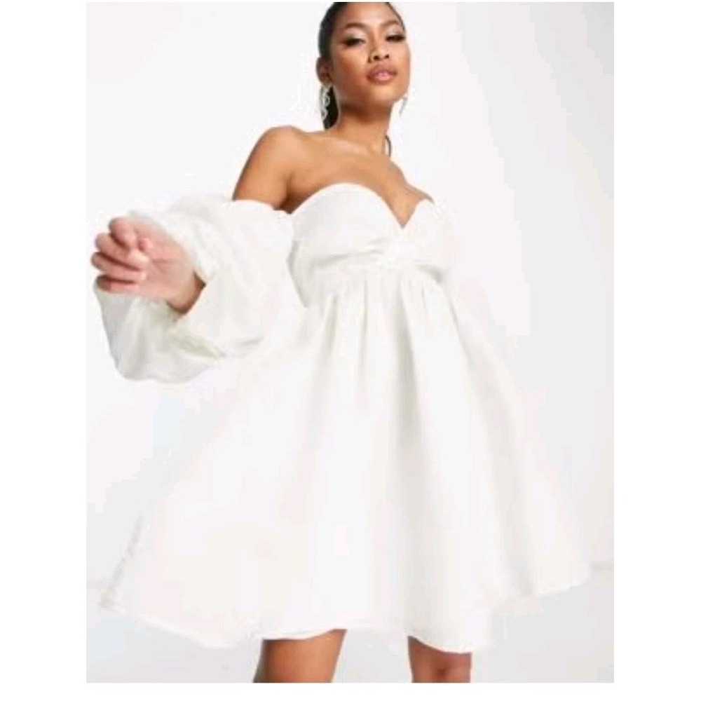 ASOS Organza Off Shoulder White Mini Dress 12 Blouson Sleeves Party NWOT